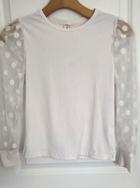 SHEIN White Ribbed Top with Polka Dot Mesh Puff Sleeves